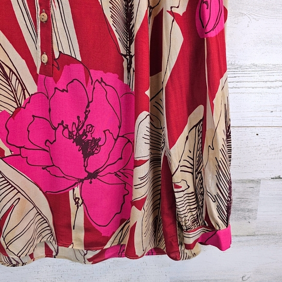 Zara Womens Tropical Floral V-Neck Top Medium Red Relaxed Beachy Coconut Girl - Picture 10 of 12